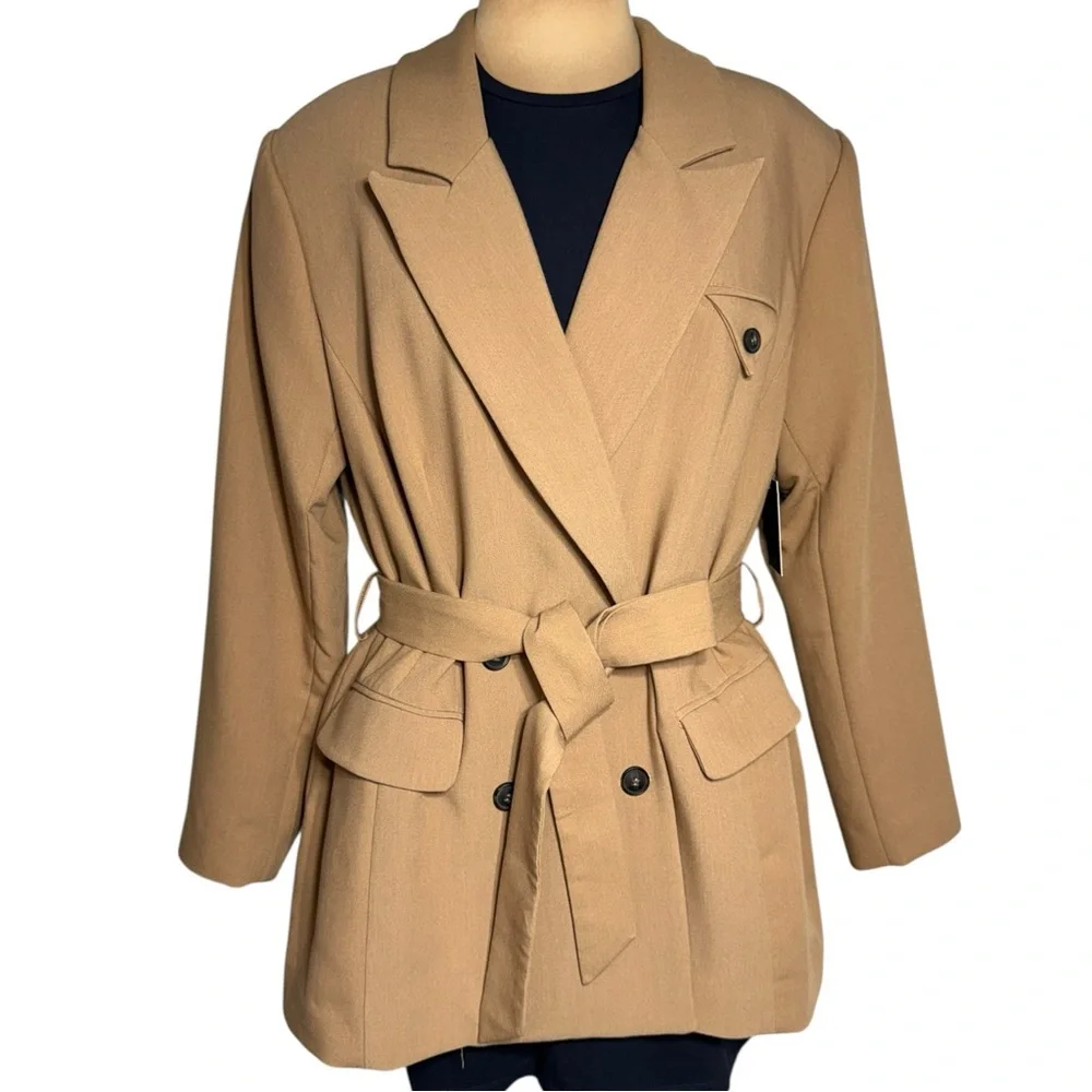 ELOQUII Women’s Size 18 Camel Tan Tie Front Minimalist Style Blazer
